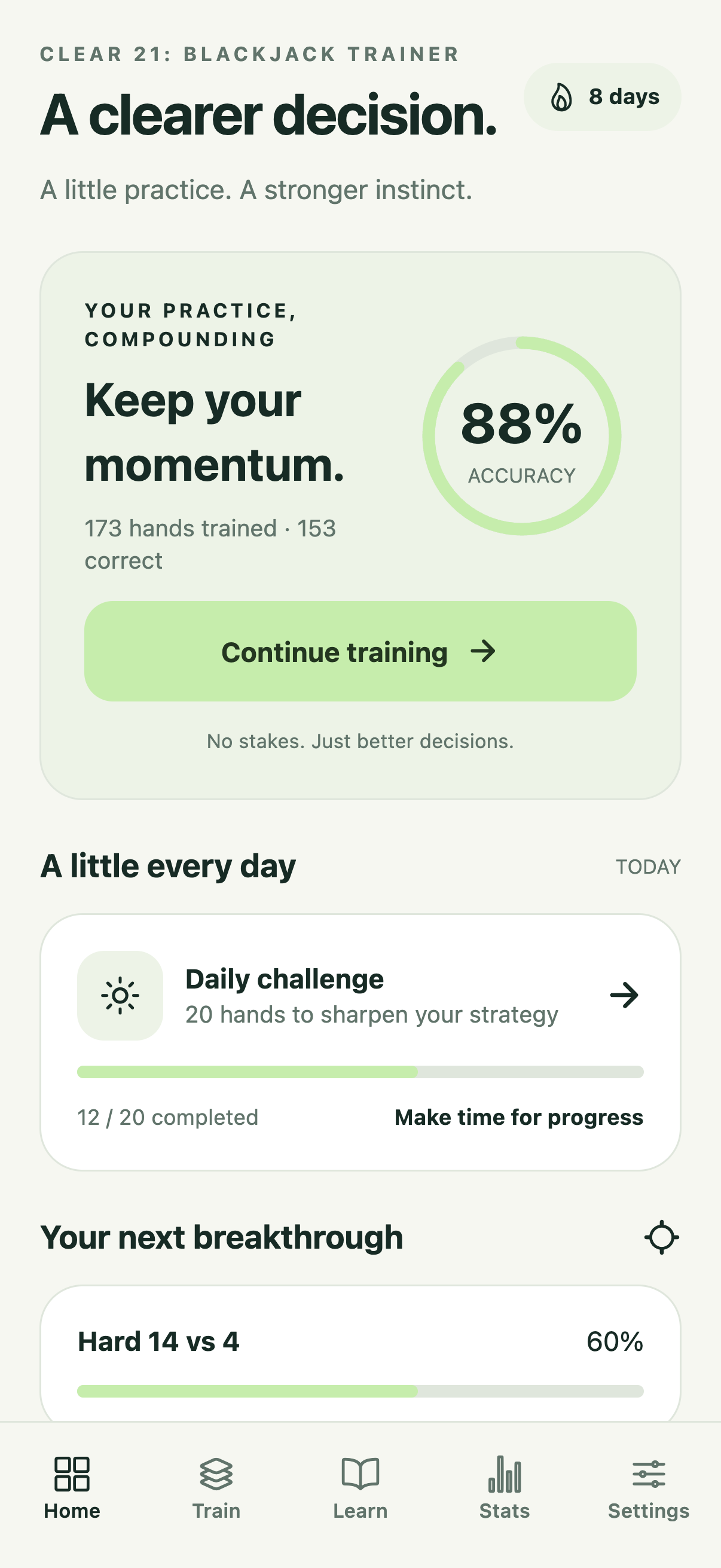 Clear 21 home screen showing accuracy, streak and daily challenge