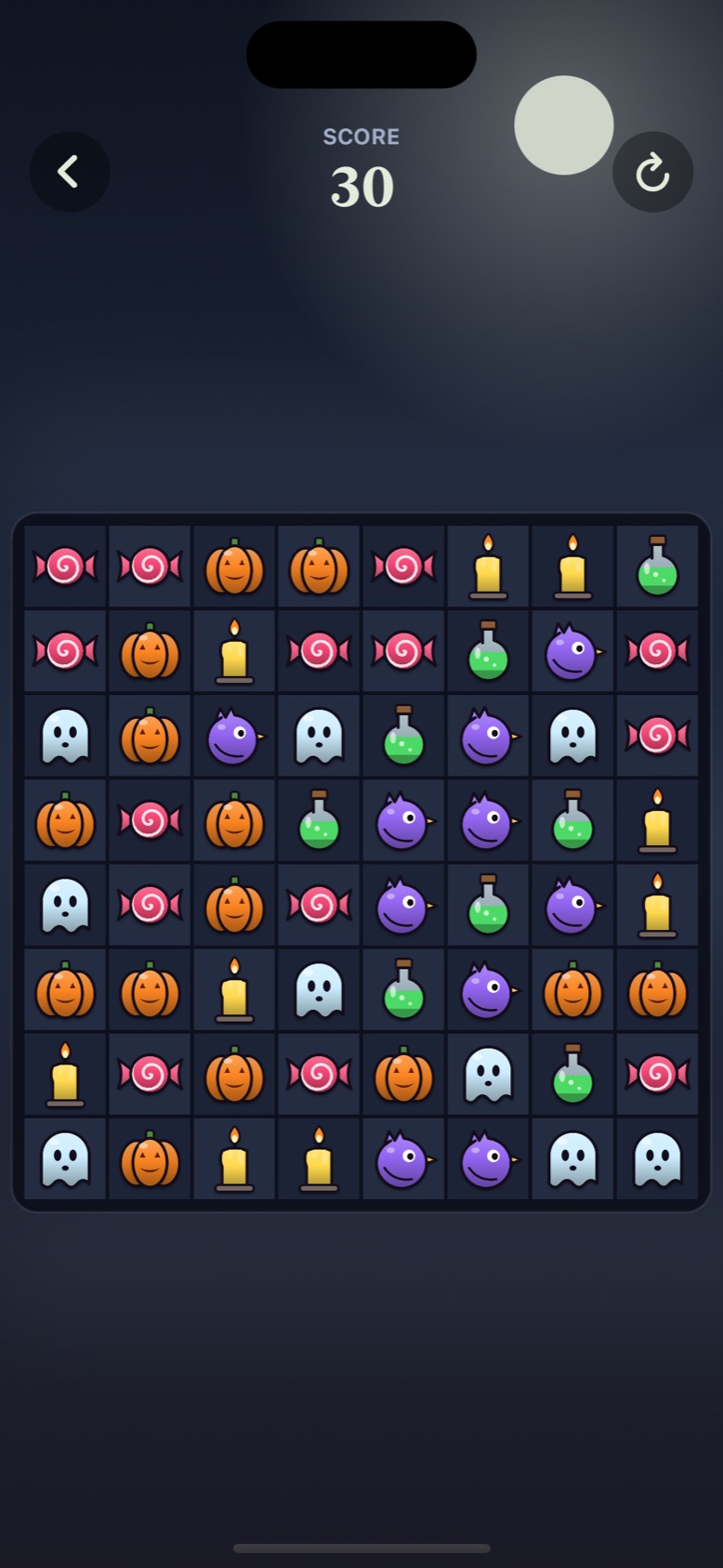 Hollow Creek puzzle board of pumpkins, wisps, potions, candles, ravens and hex candy