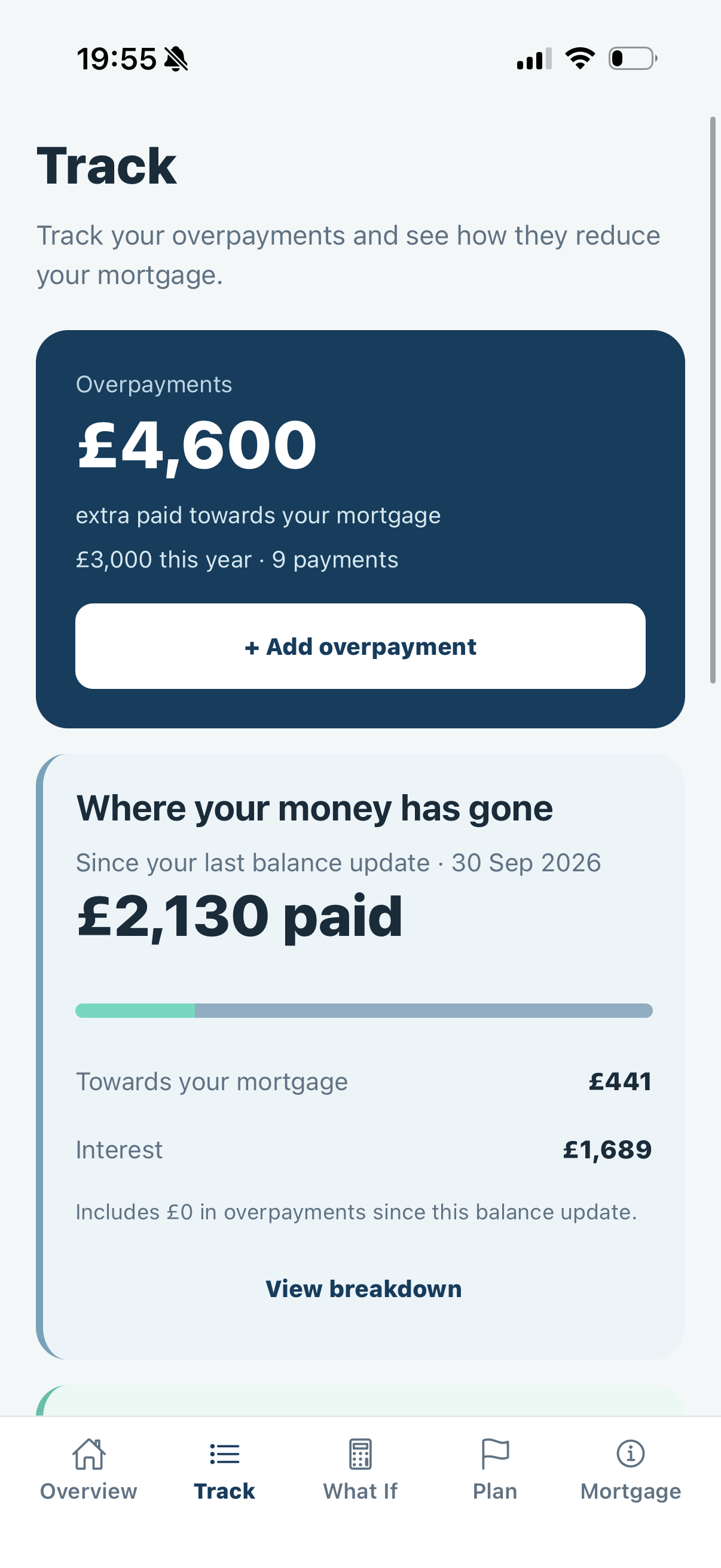 Outright overpayment tracking screen