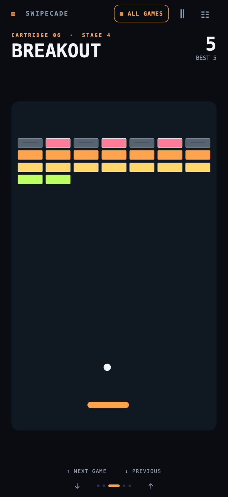 Swipecade Breakout: a paddle, a ball and a wall of coloured bricks