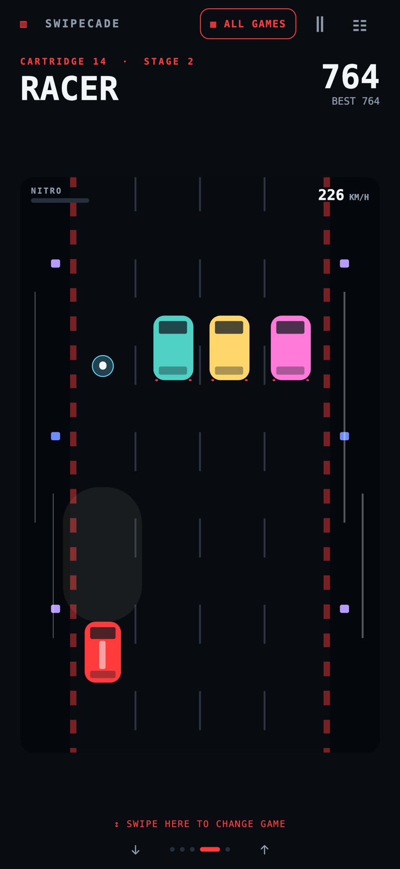Swipecade Racer: a red car weaving through traffic on a four-lane road